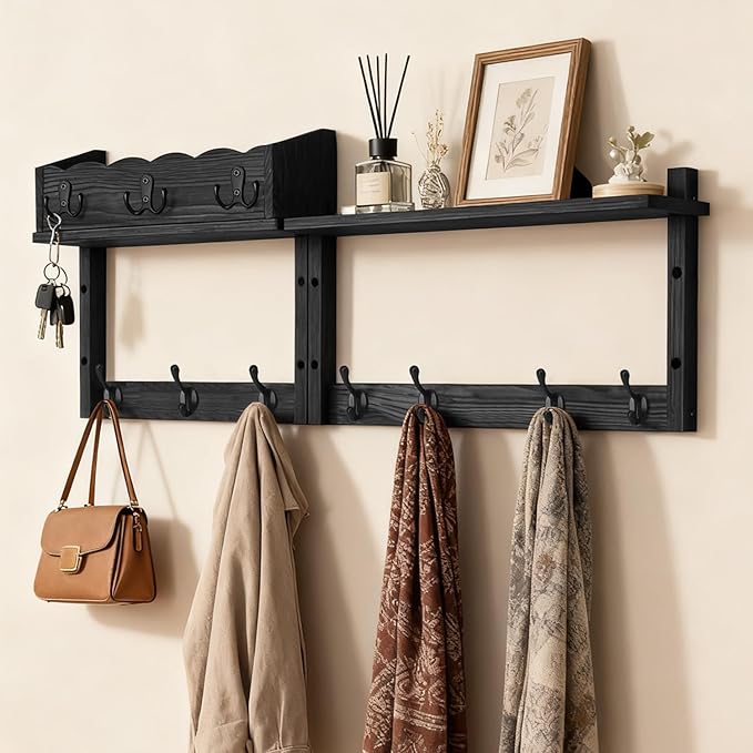 28" Coat Rack Wall Mount with Shelf with 7 Hooks 3 Key Hanger | Entryway Key Holder Wall Mount Wood Wall Coat Hooks, Wall Mounted Coat Rack Mail Holder for Living Room, Bedroom
