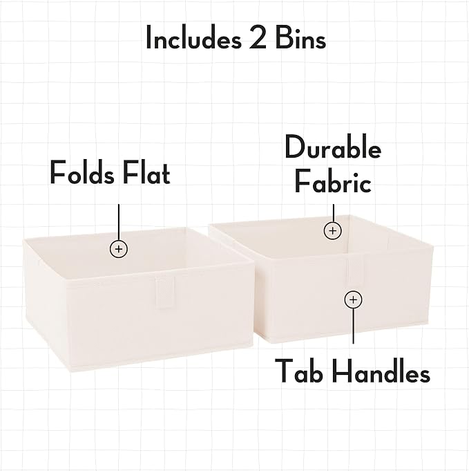 RiverRidge Folding Storage Bins - 2-pack of 5in Tall Cream Cubes | Fabric Bins, Set of 2 Storage Cubes, Pull-tab Handles, Playroom Closet Organizer, Collapsible Cubby with Bottom Board Insert