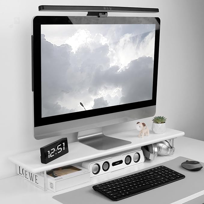 Bamboo Monitor Stand Riser, Natural Desk Shelf with Acrylic Legs | 31.5-Inch Wide, 3.3-Inch Clearance, Fits Monitor, Laptop, Printer and Speakers for Small Desks