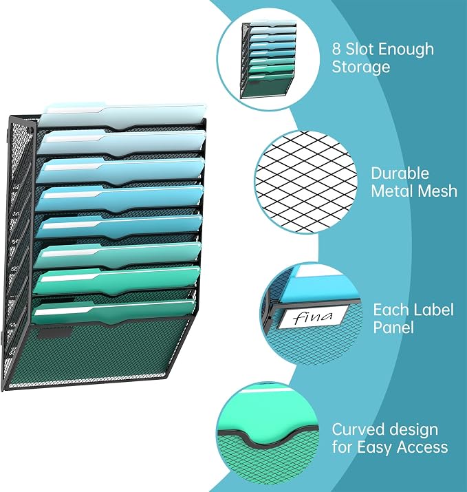SUPEASY 8-Tier Wall File Organizer, Wall Mounted Mail Sorter, 2 Pack | Metal Mesh Hanging File Organizer with Open Compartments and Label Panels for Papers and Folders at Home, Office or School