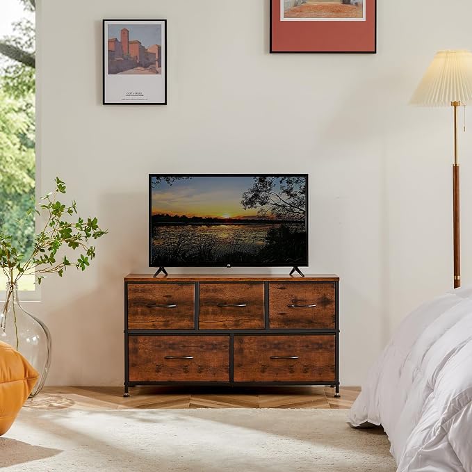 OLIXIS 5 Drawer Dresser for Bedroom, Wide Fabric Storage Tower, Brown | Closet Chest Organizer Furniture, TV Stand for Living Room, Wooden Top and Metal Frame