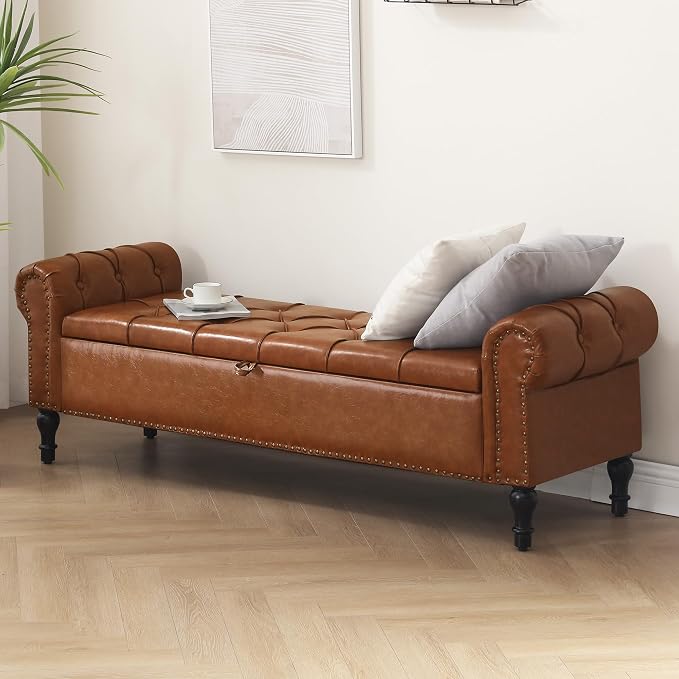 Storage Bed Bench for Bedroom, Faux Leather 67" End of Bed Benches, King Size Bench with Arm, Tufted Button Upholstered Ottoman Bench for Living Room, Entryway, Yellow Brown