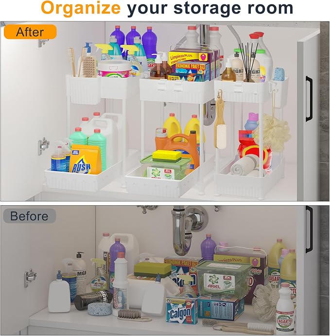 Sevenblue 3-Pack 2-Tier Under Sink Organizers with Sliding Drawers | Multi-use kitchen & bathroom storage, 12.8 inch white cabinet organizer, space-saving sliding drawer design.