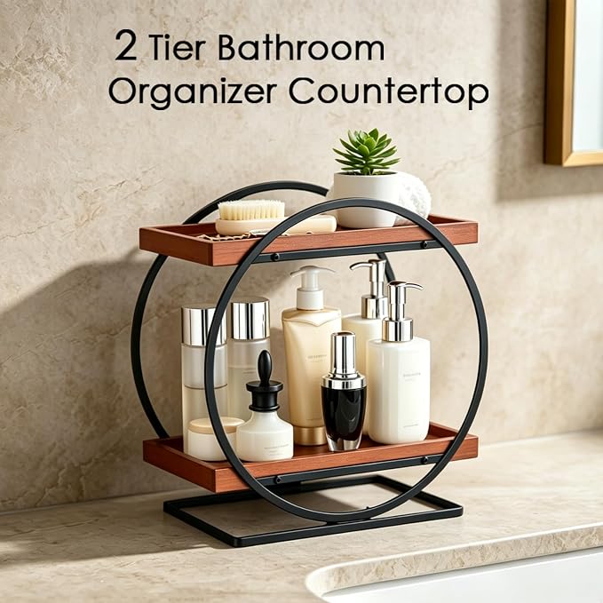 2-Tier Bathroom Counter Organizer, Wooden Perfume Organizer Dresser | Bamboo Countertop Trays Skincare Makeup Vanity Shelf, Organizers and Storage for Bathroom Kitchen,Black & Brown Perfume Stand