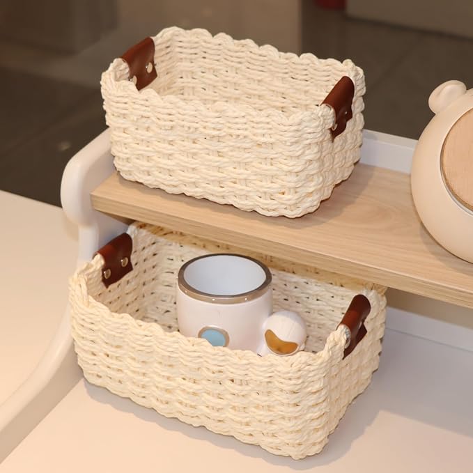 Small baskets for Organizing,Cute woven Storage basket with recycled paper rope for Shelves Bathroom,Little decorative basket,Set of 3 (Beige)