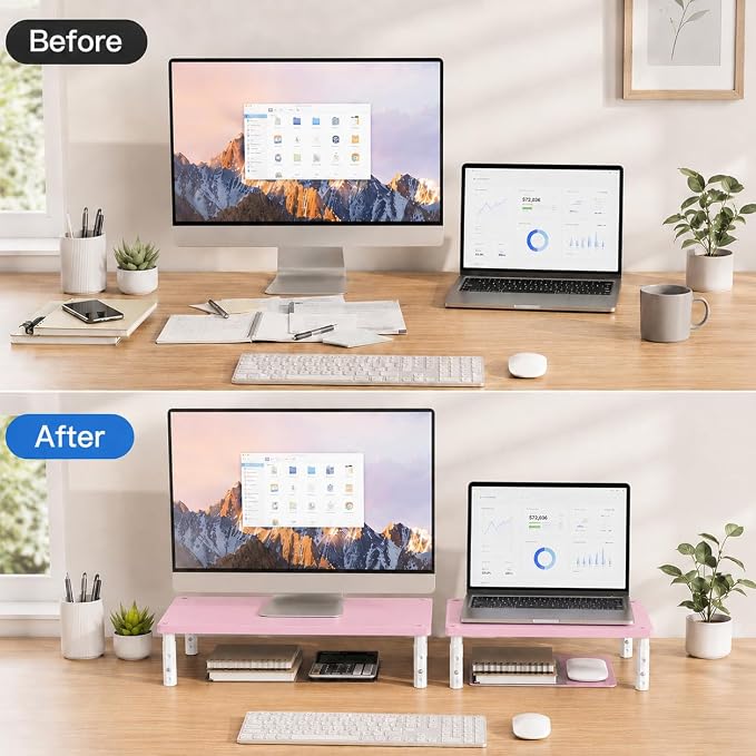 Adjustable Computer Monitor Stand Riser for Desk, Desk Organizer & Office Decor for Women, Laptop Stand, Office Desk Accessories & Workspace Organizers for Home Office, Pink Wood