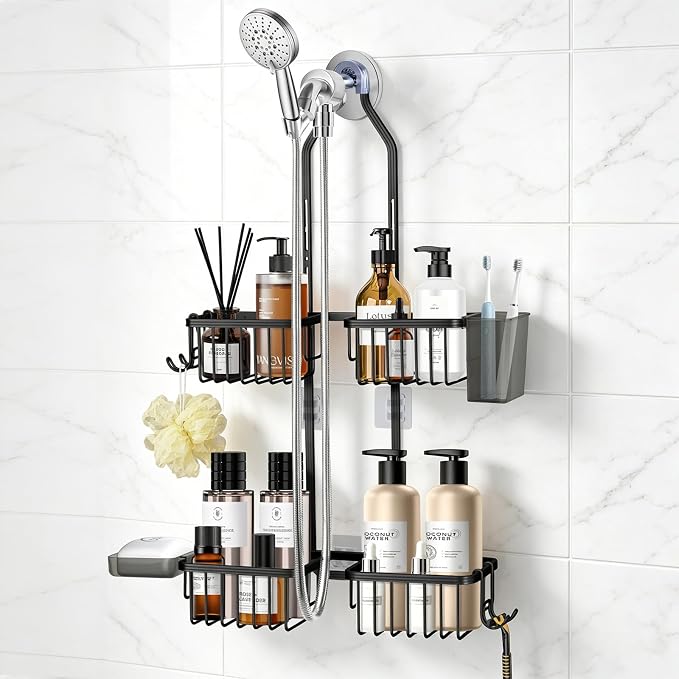 Adjustable Hanging Shower Caddy for Handheld Showerhead, Rustproof Aluminum Over Shower Head Organizer, Renter-Friendly No-Swing Storage for Tall Bottles & Soap, 2-Tier, Black