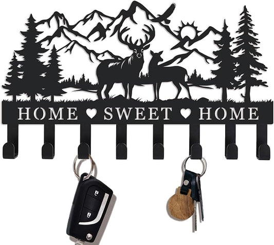 Deer Metal Key Holder for Wall, 14.5" X 9.2", Key Hooks for Wall Organizer, Key Rack, Forest Theme Coat Hat Towel Hooks, Ideal for Living Roo
