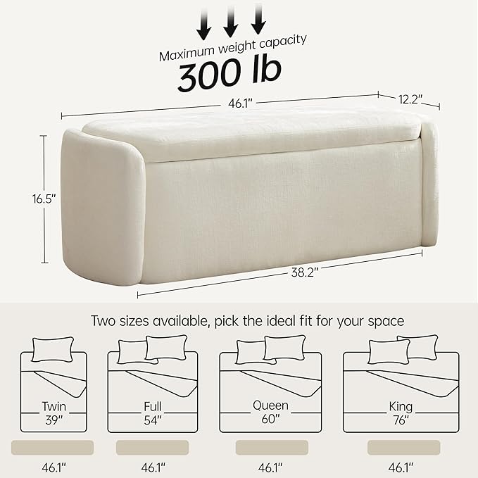 VKNOW Storage Bench, Upholstered Storage Ottoman Bench with Hinge, Cream | Ottoman Bench with Large Capacity, Curved Frame, Soft Fabric, Storage Bench for Bedroom, Living Room, Entryway, Window