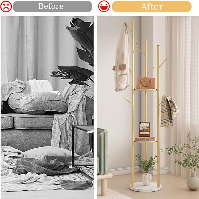 TIEOU Metal Coat Rack, Gold Coat Racks Freestanding with Shelves and Marble Base, Coat Tree with 9 Hooks for Scarves, Bags, Modern Coat Rack Stand for Entryway, Living Room, Bedroom, Easy Assembly