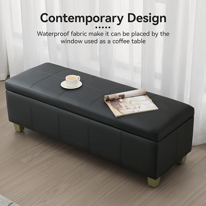 WUTUTUEE 51" Faux Leather Storage Ottoman, Stitch Tufted Rectangle Upholstered End of Bed Storage Bench, Entryway Large Couch Ottoman with Wooden Legs, Dark Black