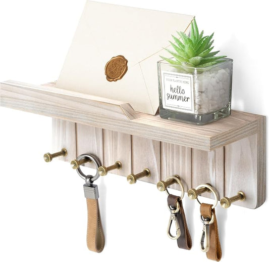 Rebee Vision Key Holder Wall Mount with 7 Hooks for Entryway, Natural Wood | Key and Mail Holder for Wall, Floating Shelf, Plant Display, Mail Sorter, Key Hanger, Apartment Essentials, Entryway Storage