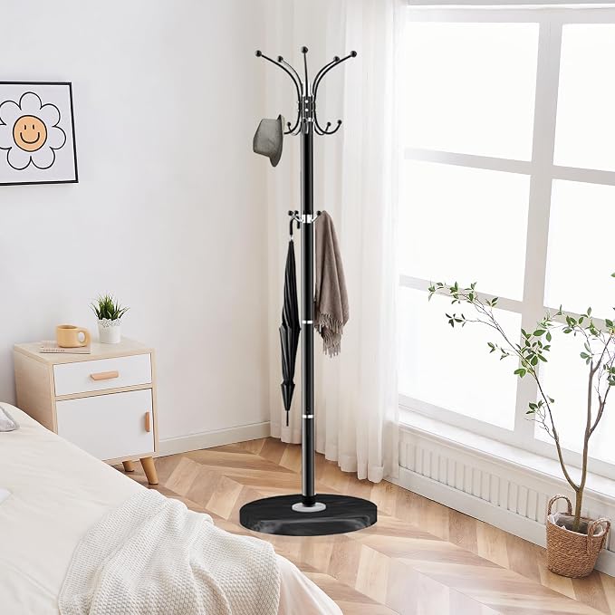 ZOZOE Metal Coat Rack Stand, Modern Coat Rack Freestanding with Natural Marble Base, 360° Rotary Design Coat Racks with 14 Hooks, Black Coat Tree Hanger Stand for Bags, Hats, Entryway, Office