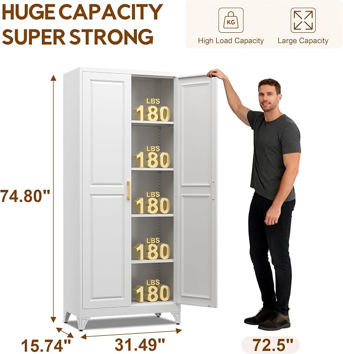 UNICOLY 75" Kitchen Pantry Cabinet,Metal Tall Storage Cabinet with Doors | Kitchen Storage Cabinets with 4 Shelves,Pantry Storage for Kitchens, Living Room, Dinning Room, Assembly Required, White