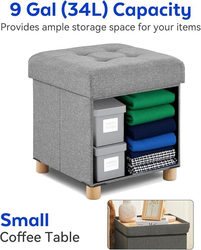 BRIAN & DANY Ottoman with Storage, Square Small Storage Ottoman Foot Rest with Legs, Ottomans Foot Stool for Dorm, Living Room, Entryway 14.8"x14.8"x17.8" (Light Gray)