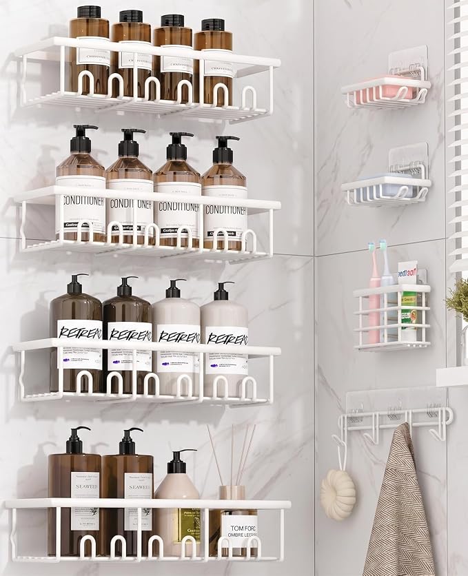 8 Pack Adhesive Rustproof Shower Caddy with Soap Dishes, Toothbrush Holder & Hooks, Large Capacity No-Drilling Shower Shelves Rack for Bathroom Organizers and Storage Accessories, White