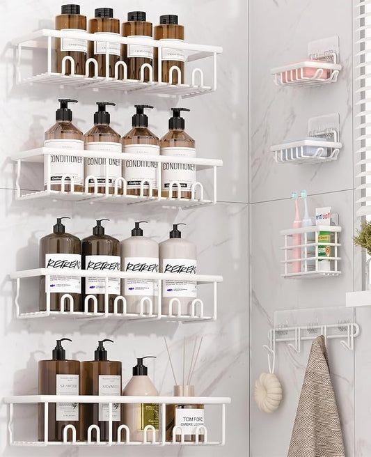 8 Pack Adhesive Rustproof Shower Caddy with Soap Dishes, Toothbrush Holder & Hooks, Large Capacity No-Drilling Shower Shelves Rack for Bathroom Organizers and Storage Accessories, White
