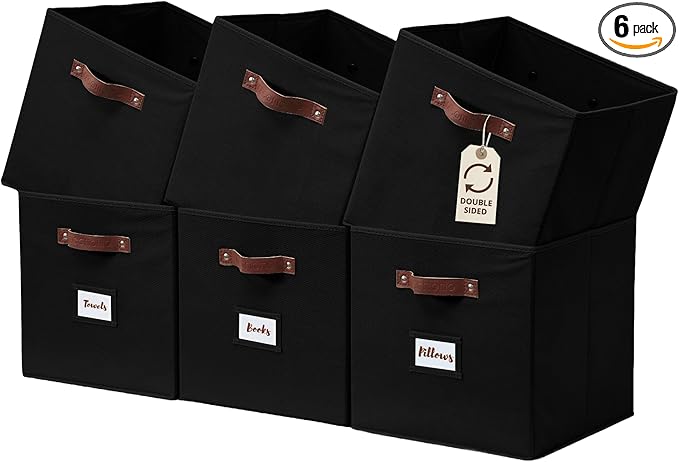 DECOMOMO Storage Bins, Cube Storage Bin with Labels | 10.5" x 11" Fabric Storage Cubes for Shelves (6pcs, Black)