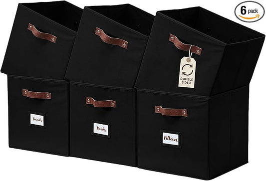 DECOMOMO Storage Bins, Cube Storage Bin with Labels | 10.5" x 11" Fabric Storage Cubes for Shelves (6pcs, Black)