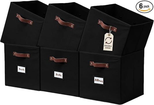 DECOMOMO Storage Bins, Cube Storage Bin with Labels | 13" x 13" x 13" Fabric Storage Cubes for Shelves (6pcs, Black)