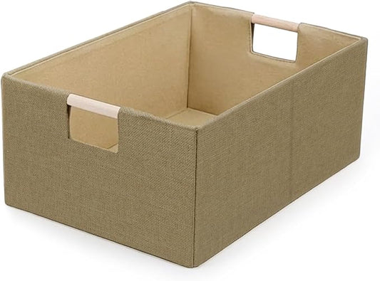 Foldable Fabric Storage Cubes, Cloth Storage Baskets with Wooden Handles, Shelf Closet Organizer Bins, Rectangular Linen Storage Boxes for Decor, 16.5 x 12.2 x 6.7 Inches