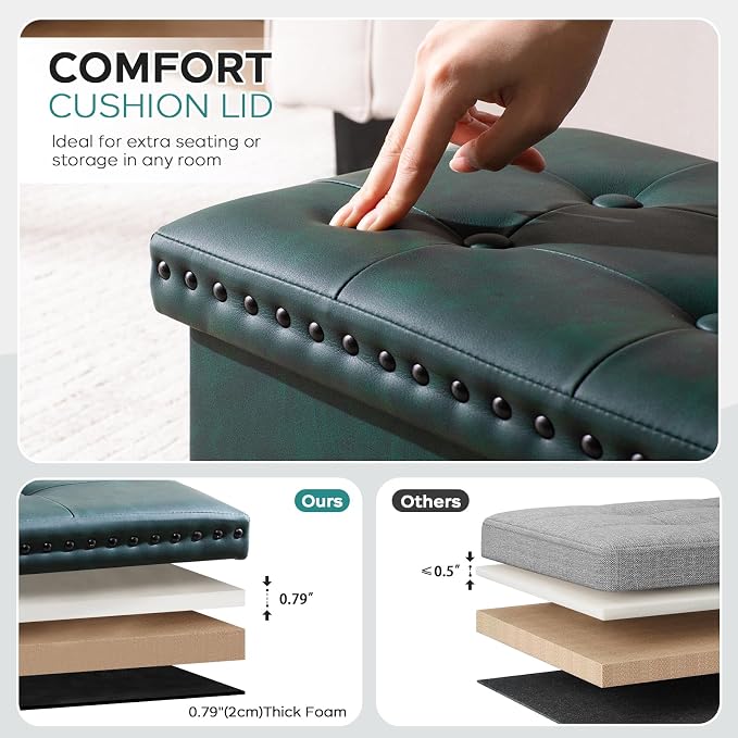 oakvivo Folding Storage Ottoman Bench, Leather Foot Rest Stools with Rivet Design, 15" D x 30" W x 15" H, Ottoman with Storage End of Bed Bench Footstool for Living Room Bedroom, Load 330 lb, Green