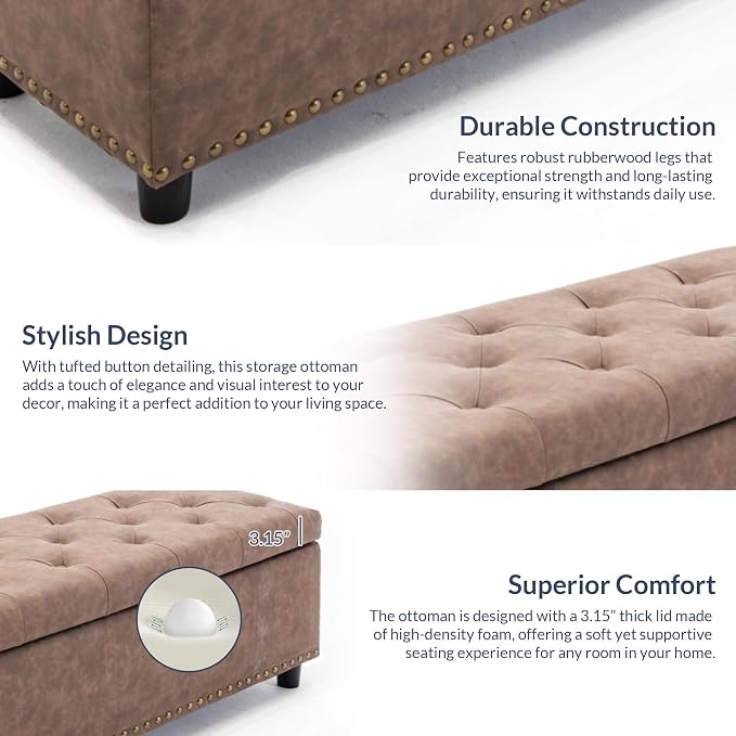 BELLEZE Storage Ottoman, Tufted Ottoman with Close Hinge, Foot Rest for Living Room (Rustic Brown, 47 inch)