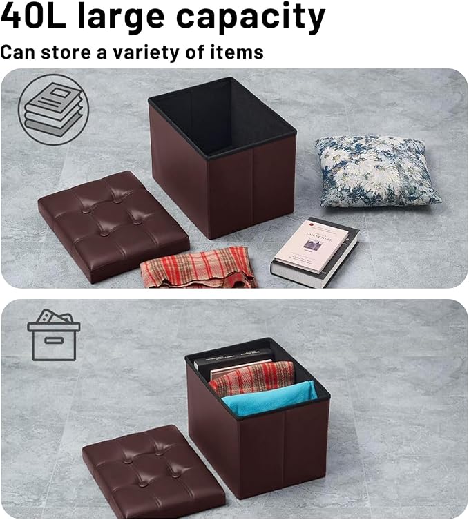 Bsketa Storage Ottoman Bench, 16" Folding Leather Foot Rest, Brown 2 Pack | Small Ottoman with Side Pockets, Thicker Foam Padded Seat, Livingroom, Dorm, Bedroom, Easy to install, 38L, 16x12x12in