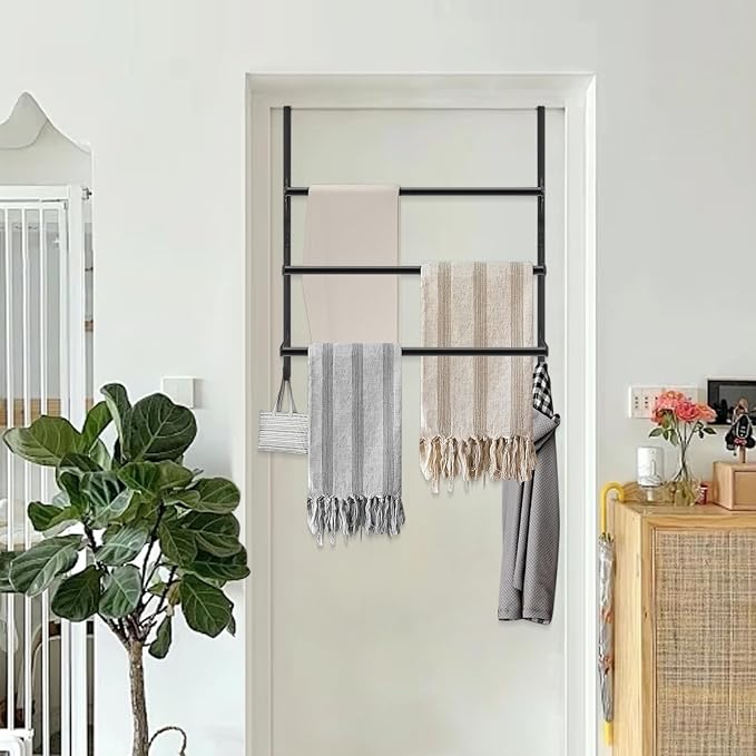 Livabber 3-Tier Over The Door Towel Rack, All Metal Towel Rack with Hooks for Door Hanging, Behind Door Towel Bar Towel Storage Holder for Bathroom Accessories, Black (22.8" L x 5.9" W x 24.4" H)