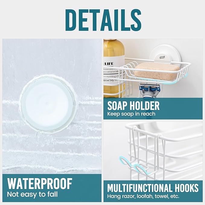 TAILI Shower Caddy Suction Cup 2 Pack with Hooks & Soap Holder, Heavy Duty Shower Organizer for Bathroom, No Drilling Bathroom Organizer with Large Capacity, Metal Storage Holder-White