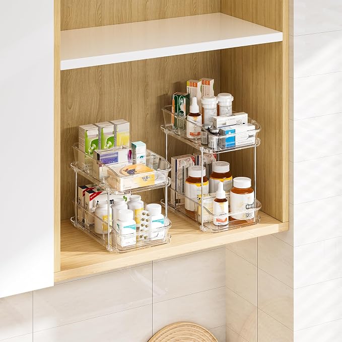 Delamu 2-Tier Under Sink Organizers and Storage, Multi-Purpose Stackable Bathroom Cabinet organizers, Pull Out Kitchen Pantry Organization and Storage with Dividers(4 Pack, Clear)