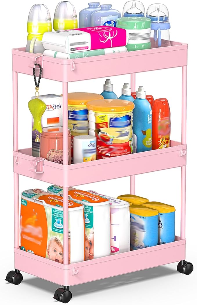 SPACEKEEPER 3 Tier Rolling Cart, Bathroom Cart Organizer with Wheels, Pink | Mobile Storage Cart for Laundry Room Organization,Kitchen,Office,Bathroom, Utility Cart for Snack,Craft,Art,Makeup,Nail,Toys