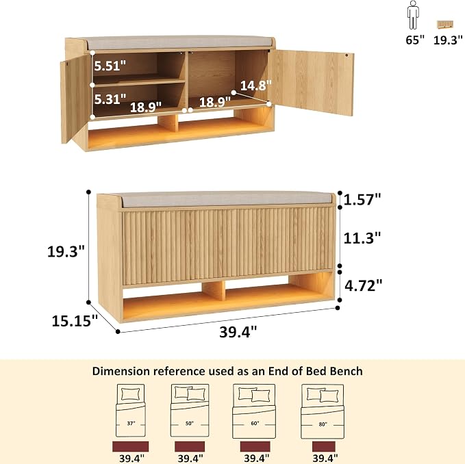 HOMEFORT 39.4" Fluted Shoe Storage Bench, Entryway Bench with Linen Seat Cushion, Shoe Cabinet Bench with Adjustable Shelf and Built-in LED Sensor Light, Bench for Bedroom End of Bed, Natural Oak