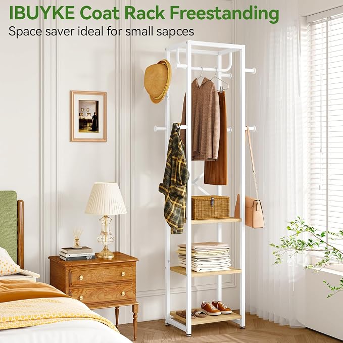 IBUYKE Freestanding Coat Rack,with 3 Shelves and 8 Hooks,Natural UTMJ088R | Metal Frame,Industrial Hall Tree,Clothes Stand for Entryway, Hallway, Bedroom,Office, Living Room