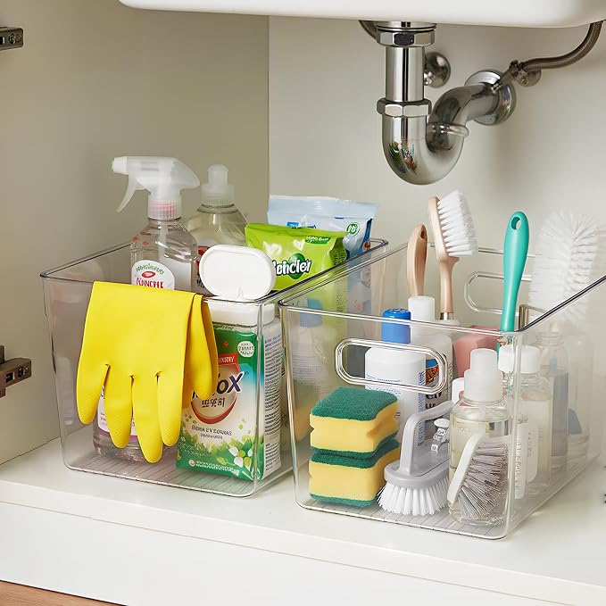 Clear Stackable Fridge Organizer with Lids, 4 Pack Large 11.5×7.5×6 Inch | Stackable clear storage containers with handles, pantry organizer for kitchen, fridge and freezer
