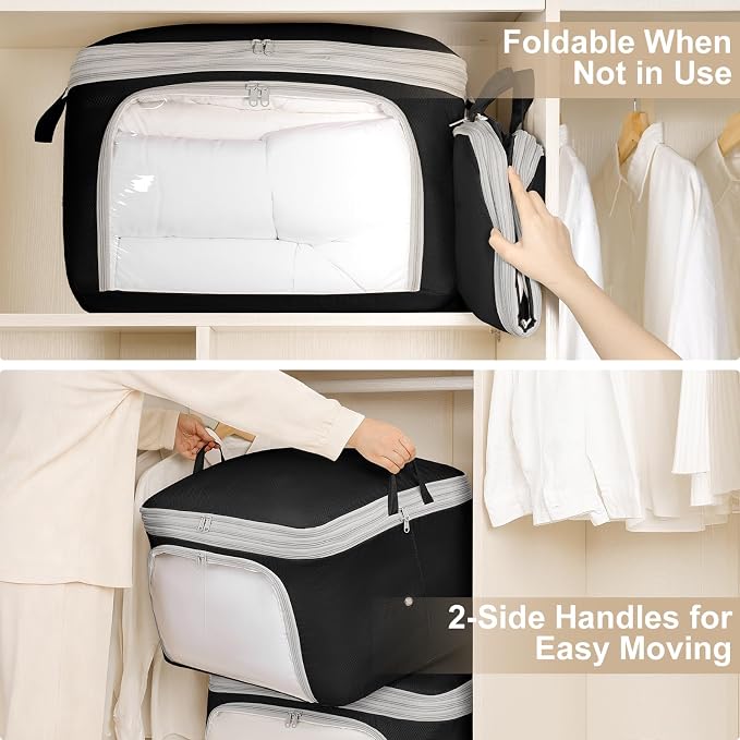 Comforter Storage Bag - 130L Blanket Storage Bags Front-opening Ultra Space Saving Self Compression Organizer, Washable Compression Bags for Storage Comforter Blanket, 1 Pack, Black