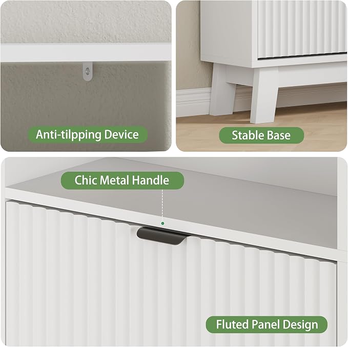 Xixini Shoe Cabinet with 4 Flip Drawers, 46" Tall Narrow Fluted Shoe Storage Organizer for Entryway, Hidden Slim Wooden Shoe Rack Cabinet for Front Door Entrance, Hallway, Living Room, Solid White