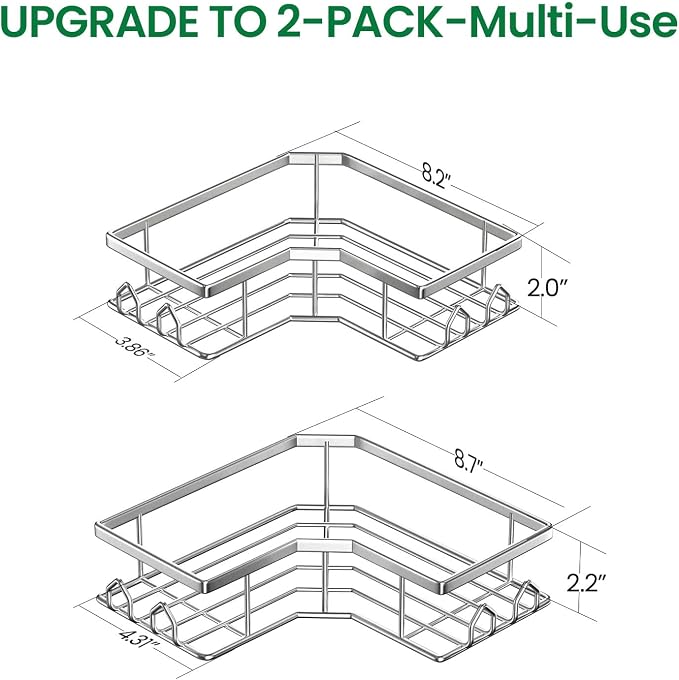 Adhesive Shower Caddy, 2 Pack Corner Bath Organizer, Rustproof Stainless Steel Shower Shelves with Large Capacity, No Drilling Shelves for Bathroom Storage, Home, Kitchen Decor (Silver).
