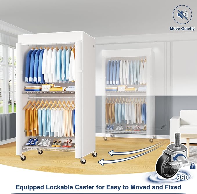 ULIFHOME P8C Heavy Duty Clothes Rack（With Extended Width Design） Rolling Clothing Racks for Hanging Clothes with Lockable Wheels，31.5" W x 15.8" D x 80.5" H，Max Load 600LBS，White Rack with White Cover