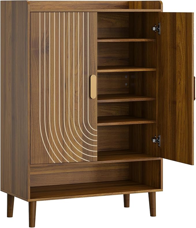 Smuxee Walnut Shoe Cabinet with Line Groove Design, 6-Tier Shoe Storage Cabinet with Adjustable Shelves, Freestanding Shoe Organizer Cabinet for Entryway, Hallway, Closet, Living Room