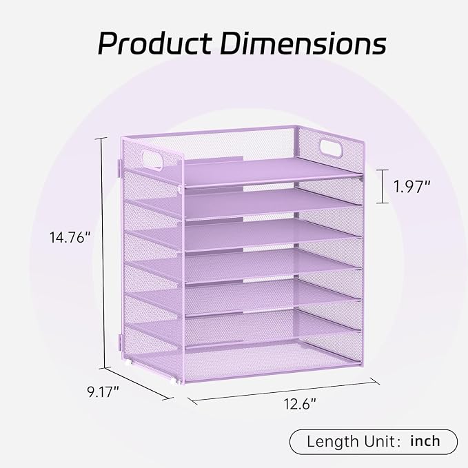 7 Tier Paper Organizer for Desk with Mesh Letter Trays and Handle Purple | Purple Desk File Organizer with Handle for Sorting Papers, Files, Folders, Mail, Bills and Office Supplies
