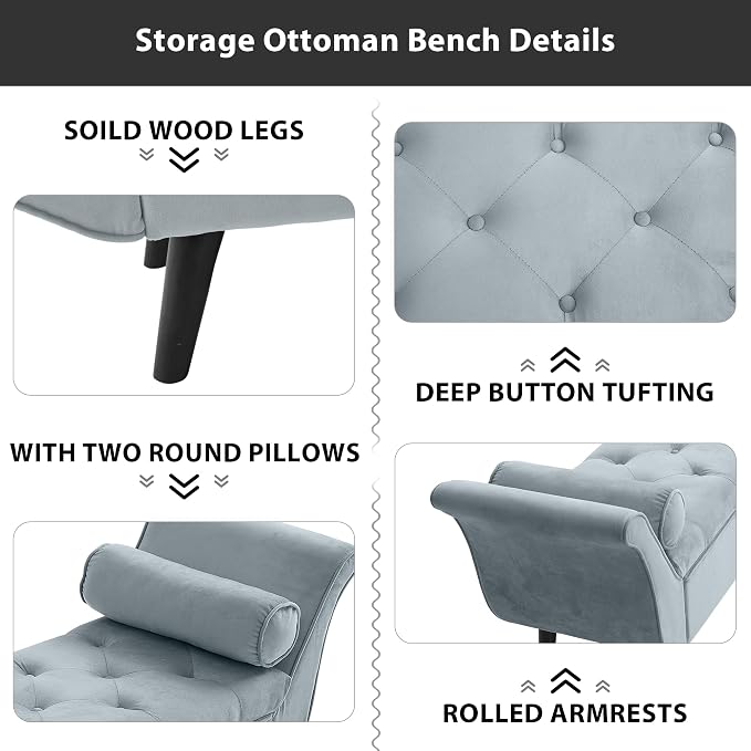 End of Bed Storage Bench for Bedroom, 65" King Size Velvet Storage Bench with 2 Pillows, Upholstered Rolled Armed Button Tufted Sofa Ottoman Bench, Long Narrow Bench for Entryway (Gray)