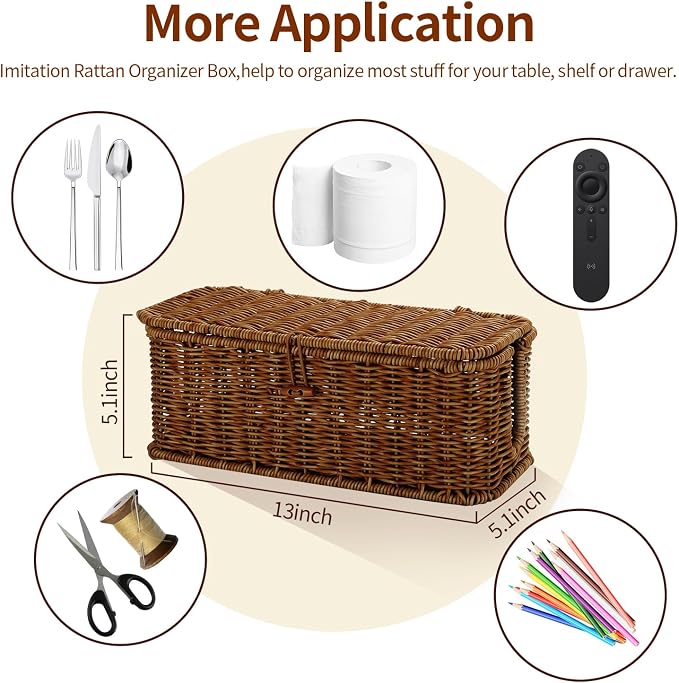 Cable Management Box, Desk Handwoven Rattan Cord Hider Cable Organizer Box With Lid Button Lock, Power Strip Cover Wicker Decorative Basket, Floor Wire Hiding Extension Cord Box (dark brown)