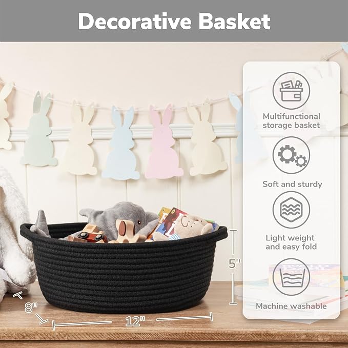 Goodpick Small Woven Rope Gift Basket Empty, 12" x 8" x 5", Black | Durable Boo Basket for Baby Showers Toys Storage, Fits Living Room Bathroom Organization, with Durable Handles