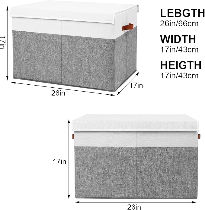 Large Toy Storage Box with Lid, Toy Chest Bin Boxes Basket with Dividers | Sturdy Toy Organizer Bin for Kids, Boys, Girls, Nursery, Living Room, Bedroom, Playroom 26"x17" x17" (Grey and White)