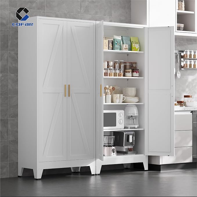 COFaR 71'' Tall Metal Storage Cabinet, Farmhouse Kitchen Pantry Cabinet with Doors and 4 Adjustable Shelves, White Metal Cabinets for Kitchen, Bathroom, Laundry, Garage, 5-Tier
