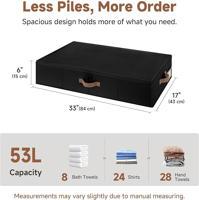 StorageWorks Underbed Storage Containers with Lids, 2-Pack 6" Low Profile Under Bed Organizers for Clothes, Bedding and Sweaters, 53L Large Fabric Storage Bins, Foldable Space Saving, Black