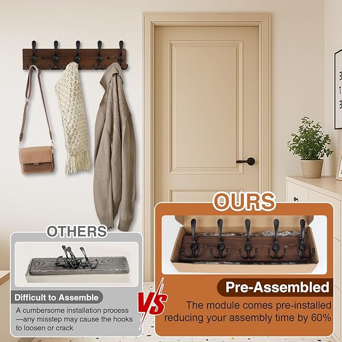 Wooden Coat Rack Wall Mount Heavy Duty, 2 Pack Coat Hanger Wall Mount with 5 Triple Hooks for Clothes, Jacket, Hat, Keys, Space Saving Entryway Organizer for Mudroom (‎Brown Plate & Black Hooks)