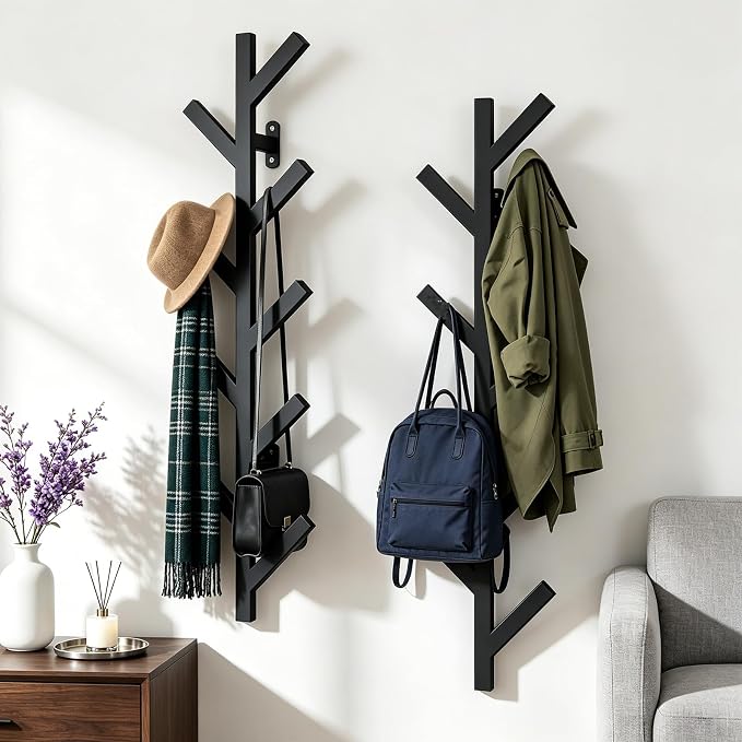 Vlush 2Pack Wall Mounted Coat Rack - 9 Hooks, Modern Metal Design, for Hats, Coats, and Bags - Suitable for Entryways and Bedrooms - Black (37.8" Height)