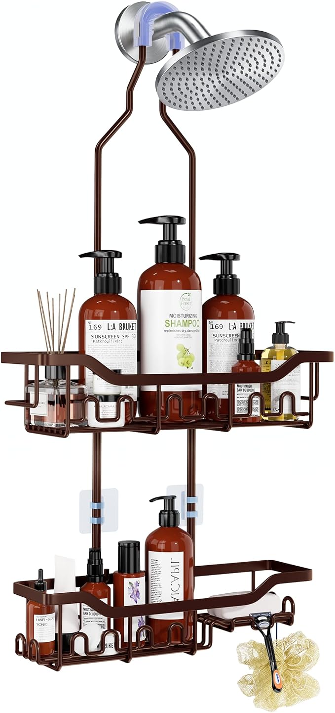 Upgraded Extended Length Shower Organizer with Hooks, Rustproof Shampoo Soap Holder, Large Hanging Bathroom Caddy, Brown